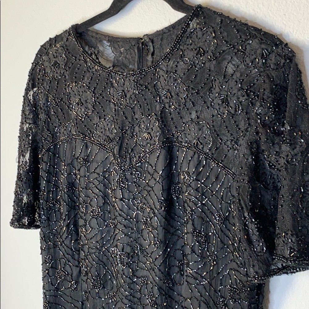 Vintage Stenay black beaded silk dress gown L - Picture 2 of 7